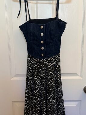 RARE Esprit x Opening Ceremony Sundress with Denim Bustier, Black floral skirt